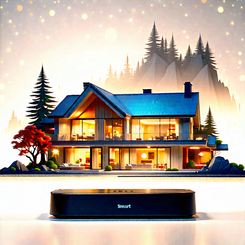 Tech Woodcut Print: Smart Home Device With User Interface With Large House