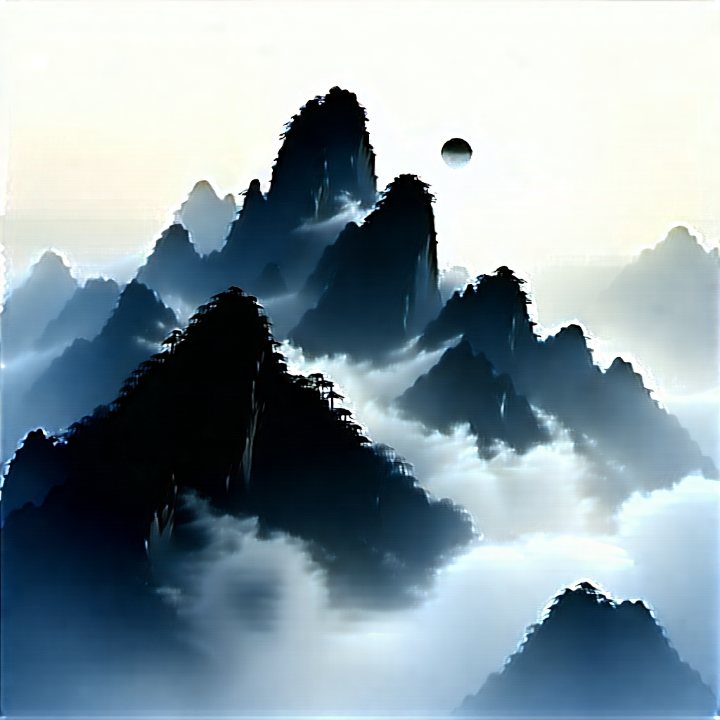 Nature Ink Drawing: Mist Over Mountain Peak With Black White