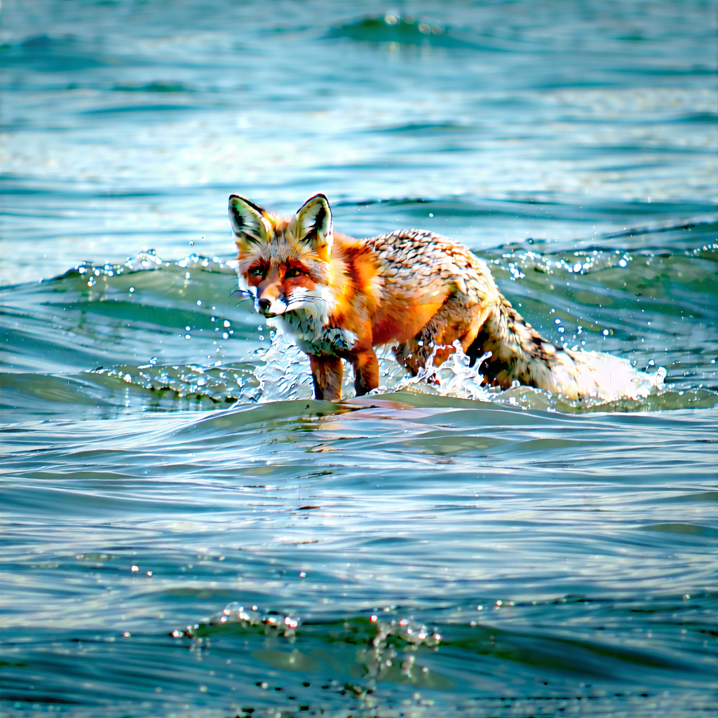 Nature Long Exposure Photography: Fox In Ocean Waters With Swimming Ocean,
