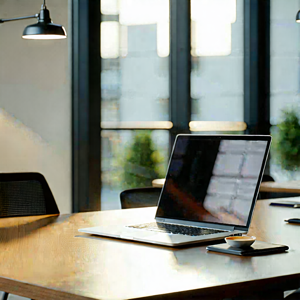 Business Professional Photography: Workplace with laptop and coffee on desk