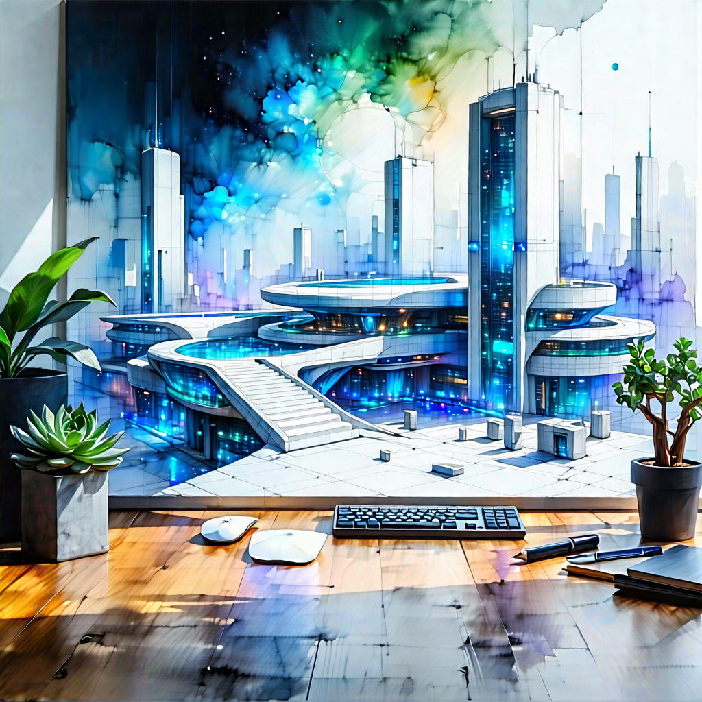 Tech Watercolor Painting: (futuristic:1.11) Tech Startup Office With Futuristic Cityscape