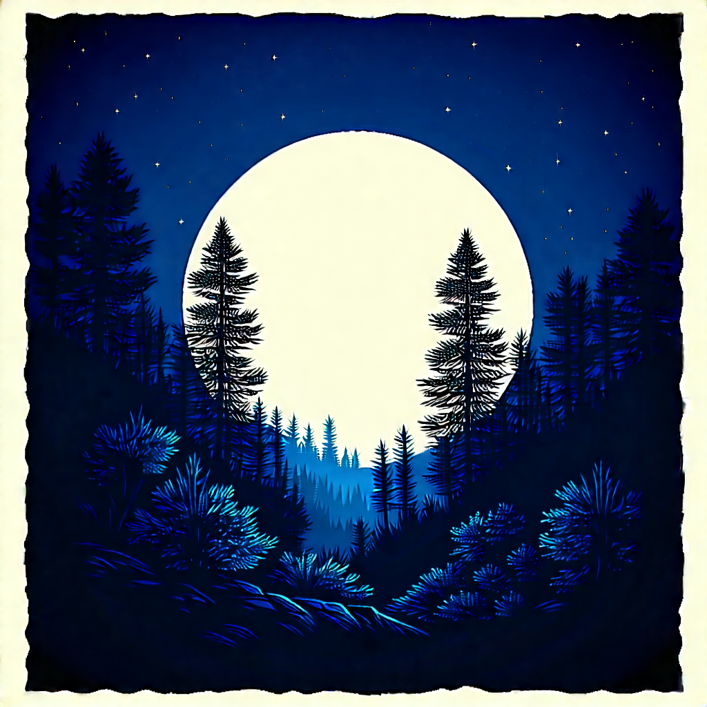 Nature Woodcut Print: Forest Scene During Night With Image, There