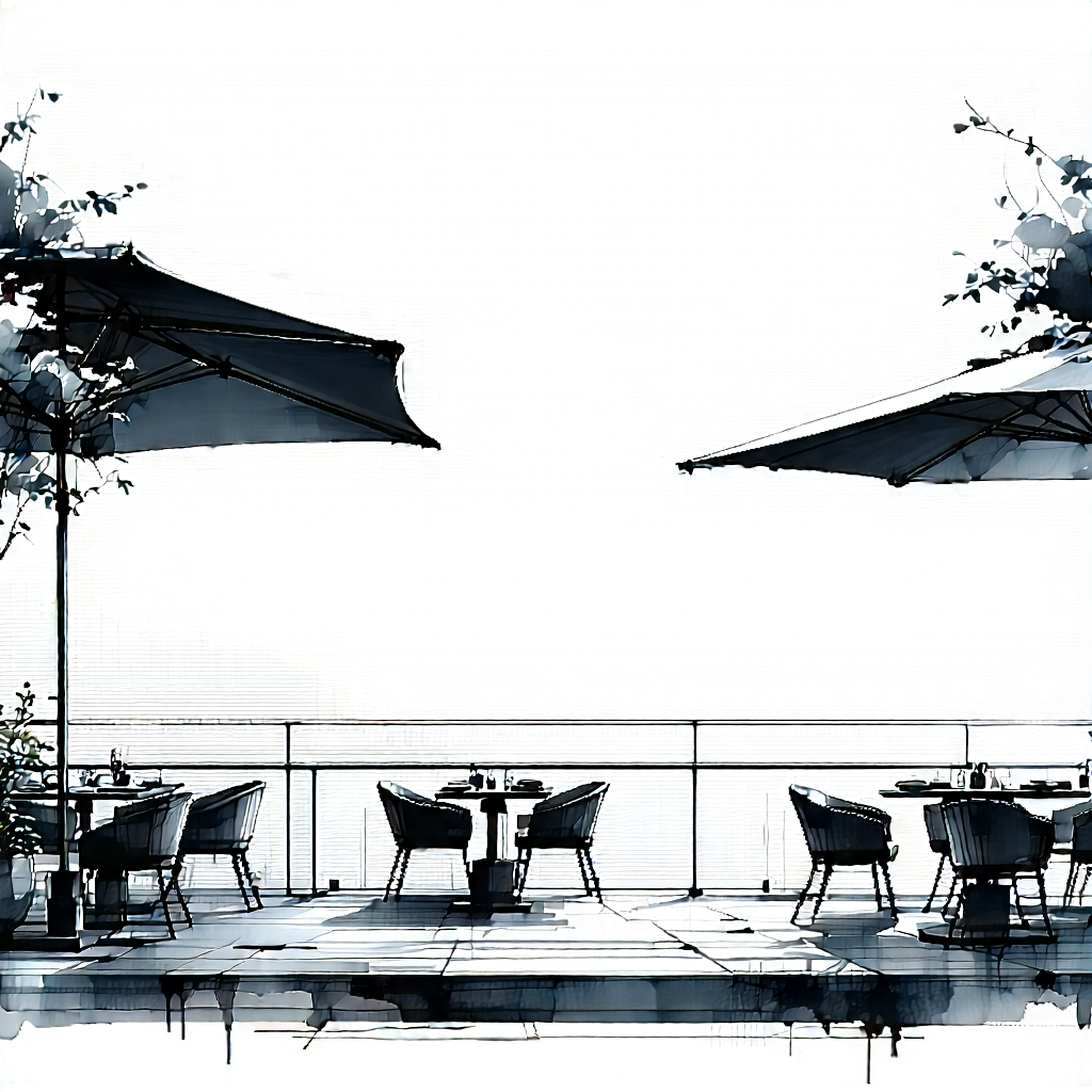 Urban Ink Drawing: Rooftop Garden With Outdoor Dining With Black White