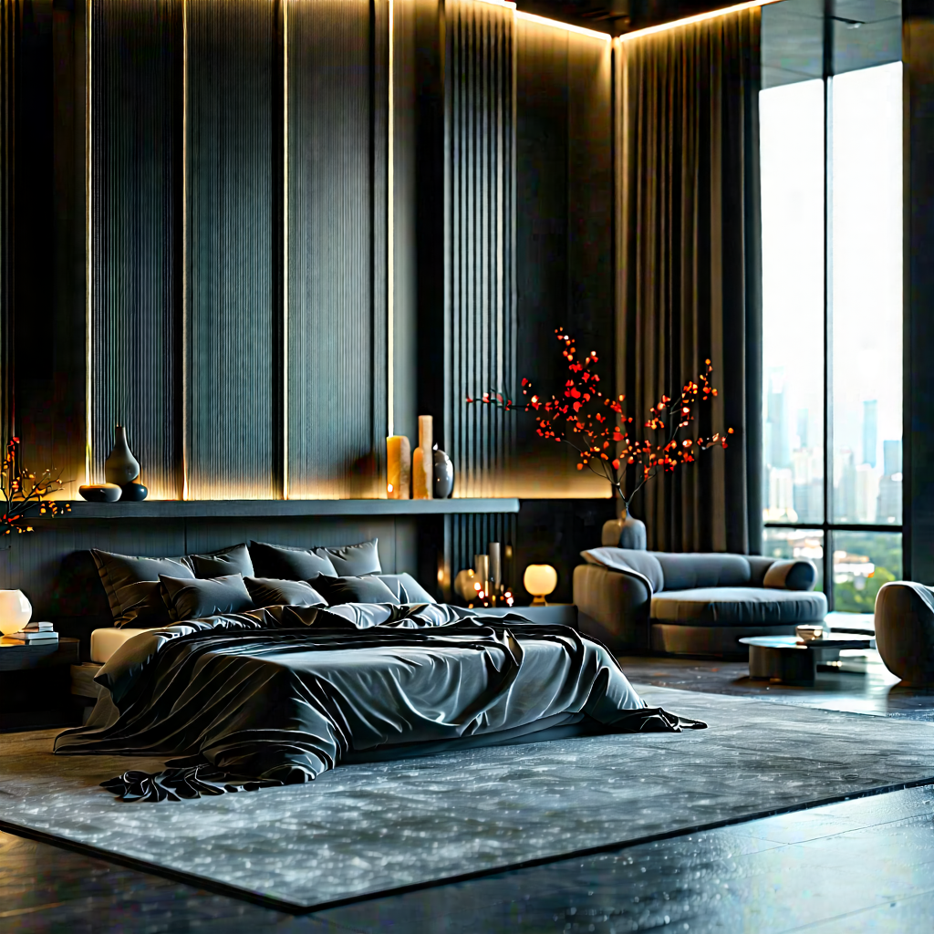Lifestyle Octane Render: Bedroom Sanctuary With (minimalist:1.11) Decor With Large, Modern