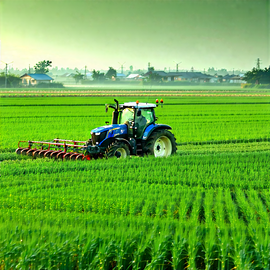 Tech Commercial Photography: Agricultural Technology In Field Deployment With Blue Tractor