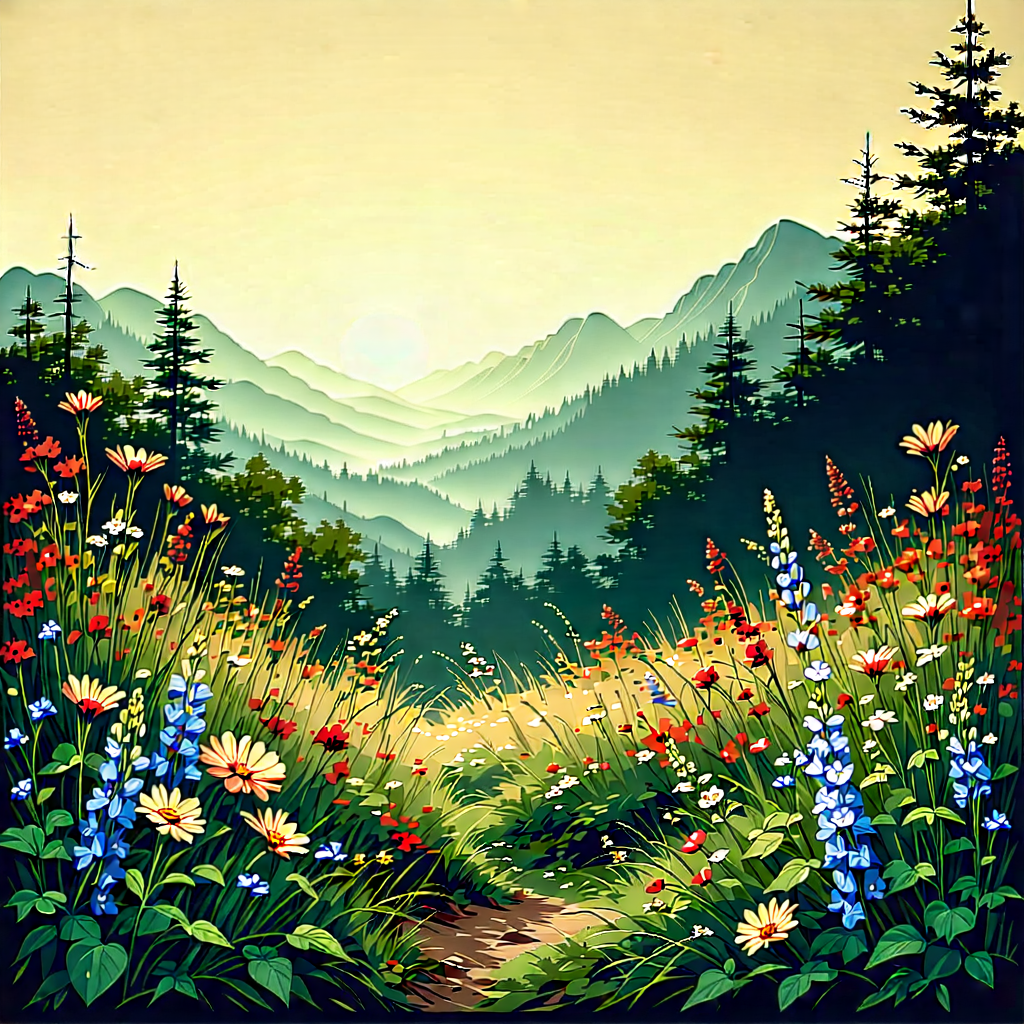 Nature Woodcut Print: Wildflowers In Natural Setting With Image, There