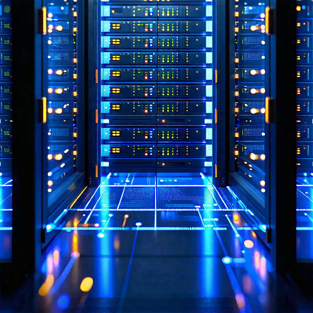 Tech Diagram Style: Server rack with data streams