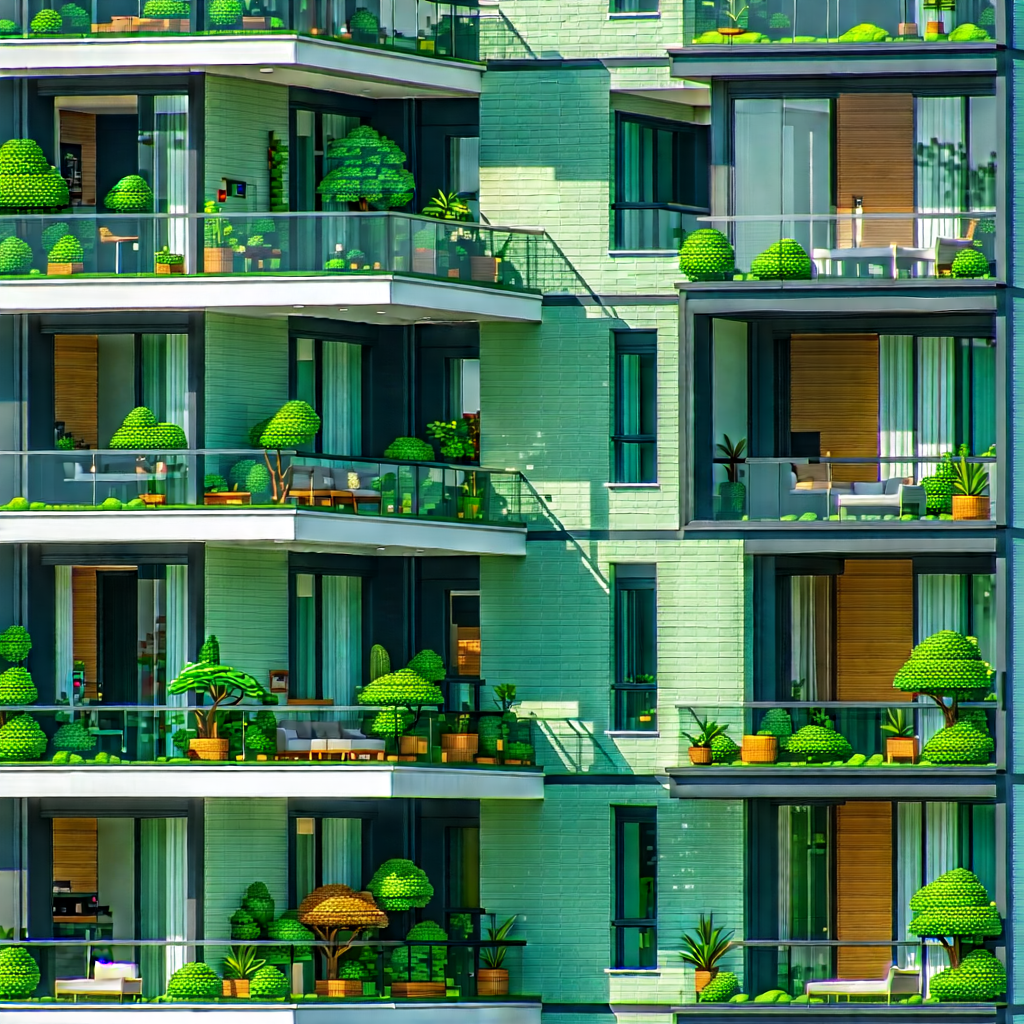Urban Digital Illustration: Modern apartment complex with green rooftop