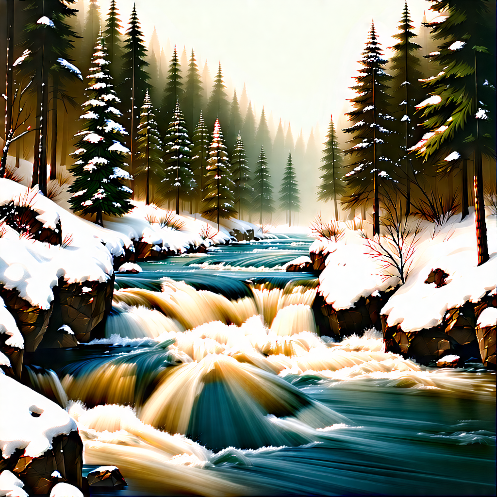 Nature Lithograph: Rushing River Surrounded By (snow:1.22)-covered Trees With Beautiful Painting