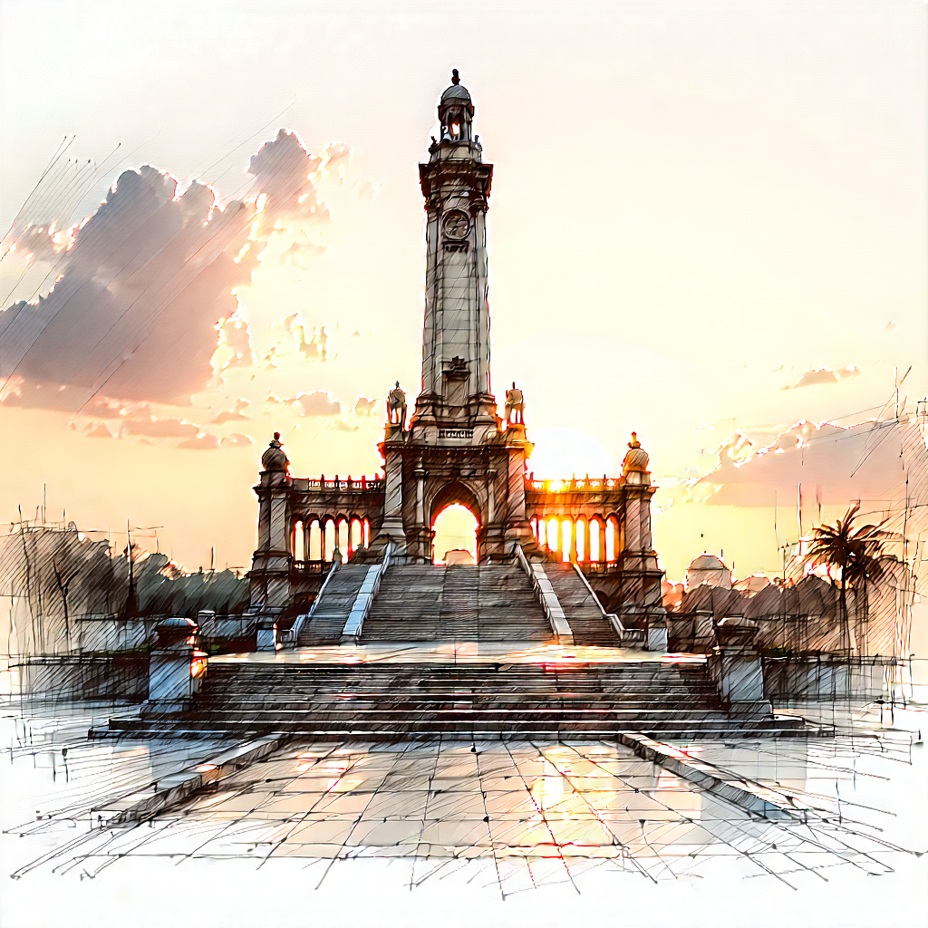 Urban Pencil Sketch: Historic Monument With Sunset Glow With Large, Ornate