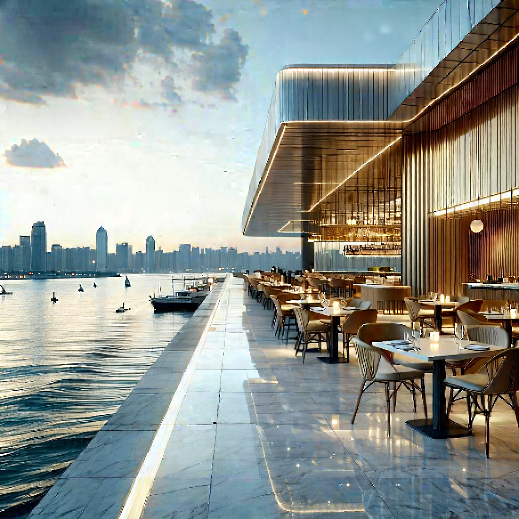 Urban Etching: Waterfront Promenade With Outdoor Dining With Large Restaurant