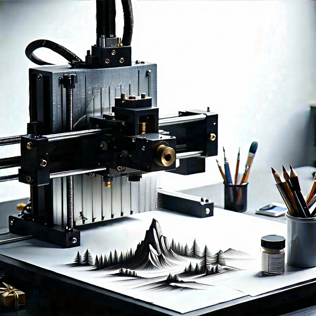 Tech Charcoal Drawing: 3d Printer With Holographic Projection With Printer Shown