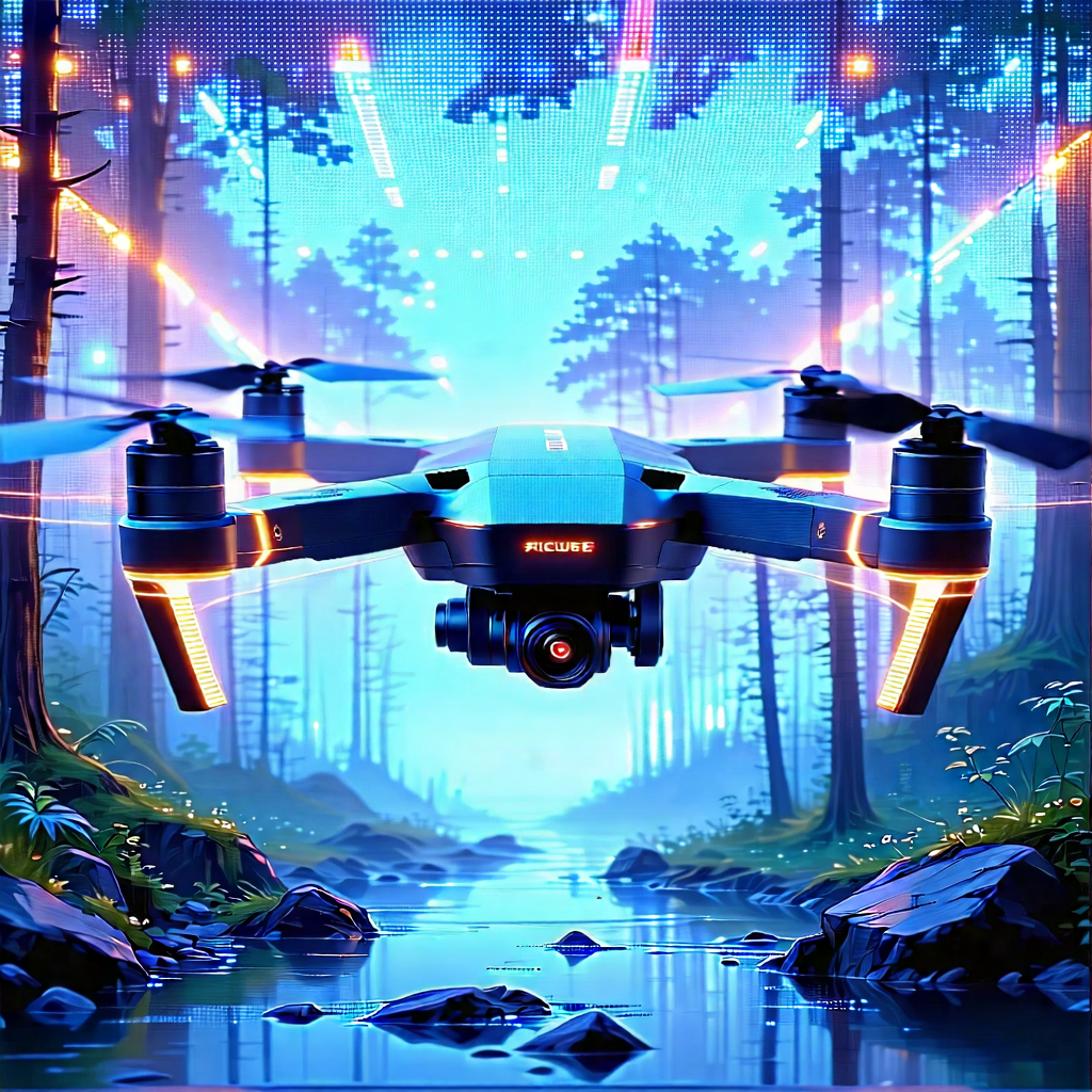 Tech Acrylic Painting: Drone With Holographic Display With Blue White