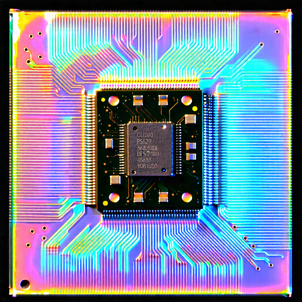 Tech Gouache Painting: Microchip with holographic projection
