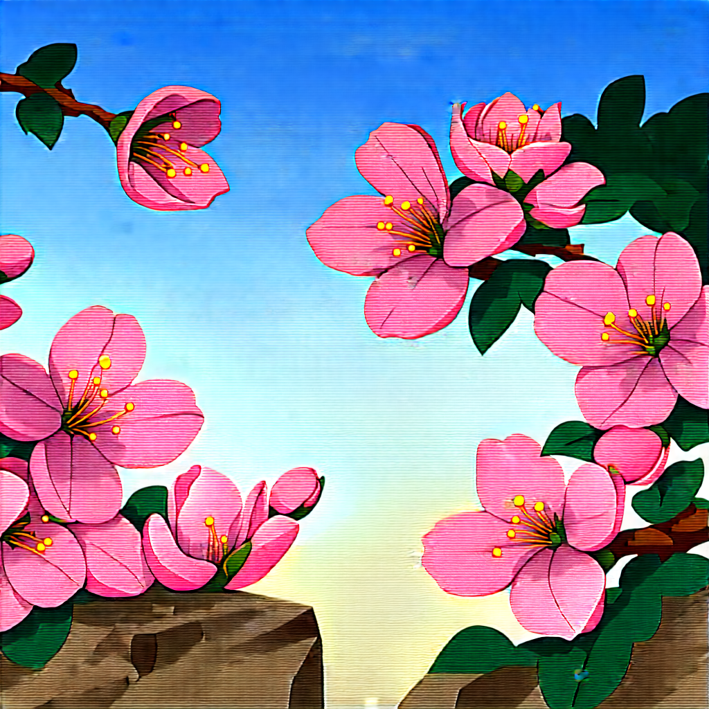 Nature Gouache Painting: Cherry Blossoms In Rocky Terrain With Beautiful Scene