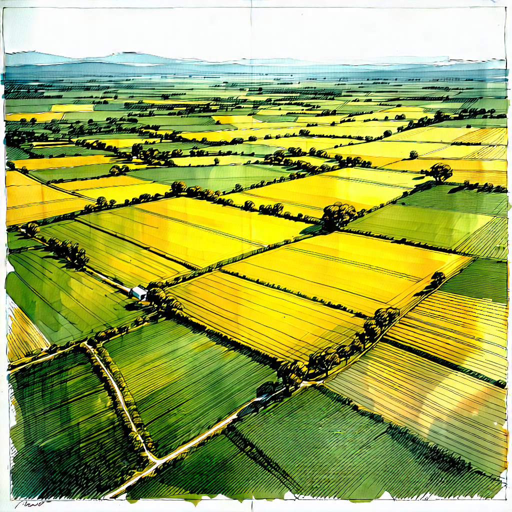 Nature Ink Drawing: Aerial view of agricultural fields