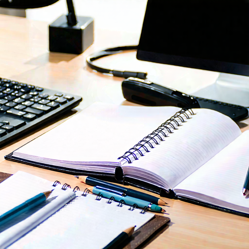 Business Professional Photography: Workplace with notebooks and pens on desk