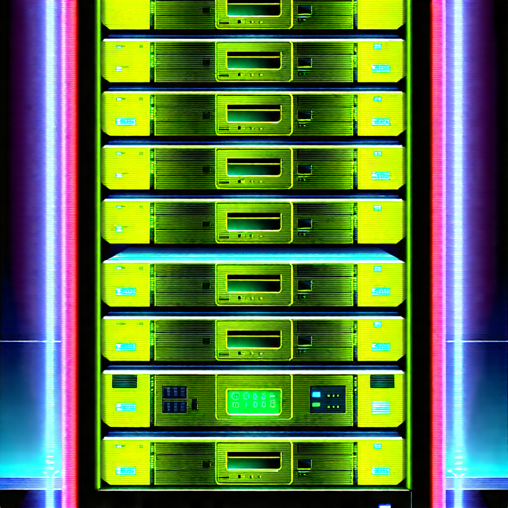Tech Gouache Painting: Server rack with neon accents