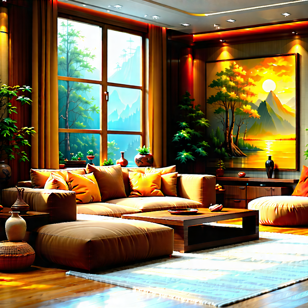 Lifestyle Oil Painting: Cozy Living Room With Warm (lighting:1.49) With Image, There