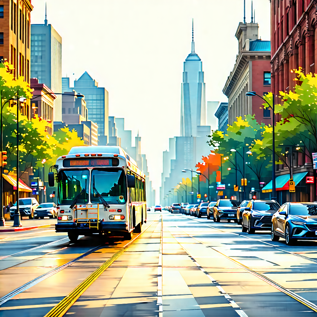 Urban Pastel Drawing: (city:1.11) Bus In Main Avenue With Colorful Painting