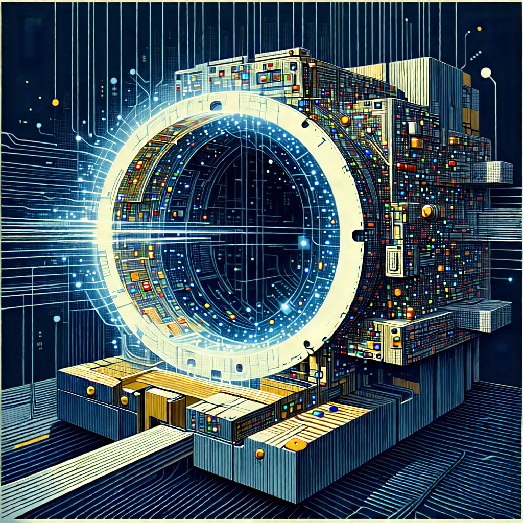 Tech Linocut Print: Quantum Computer With Data Streams With Image, There