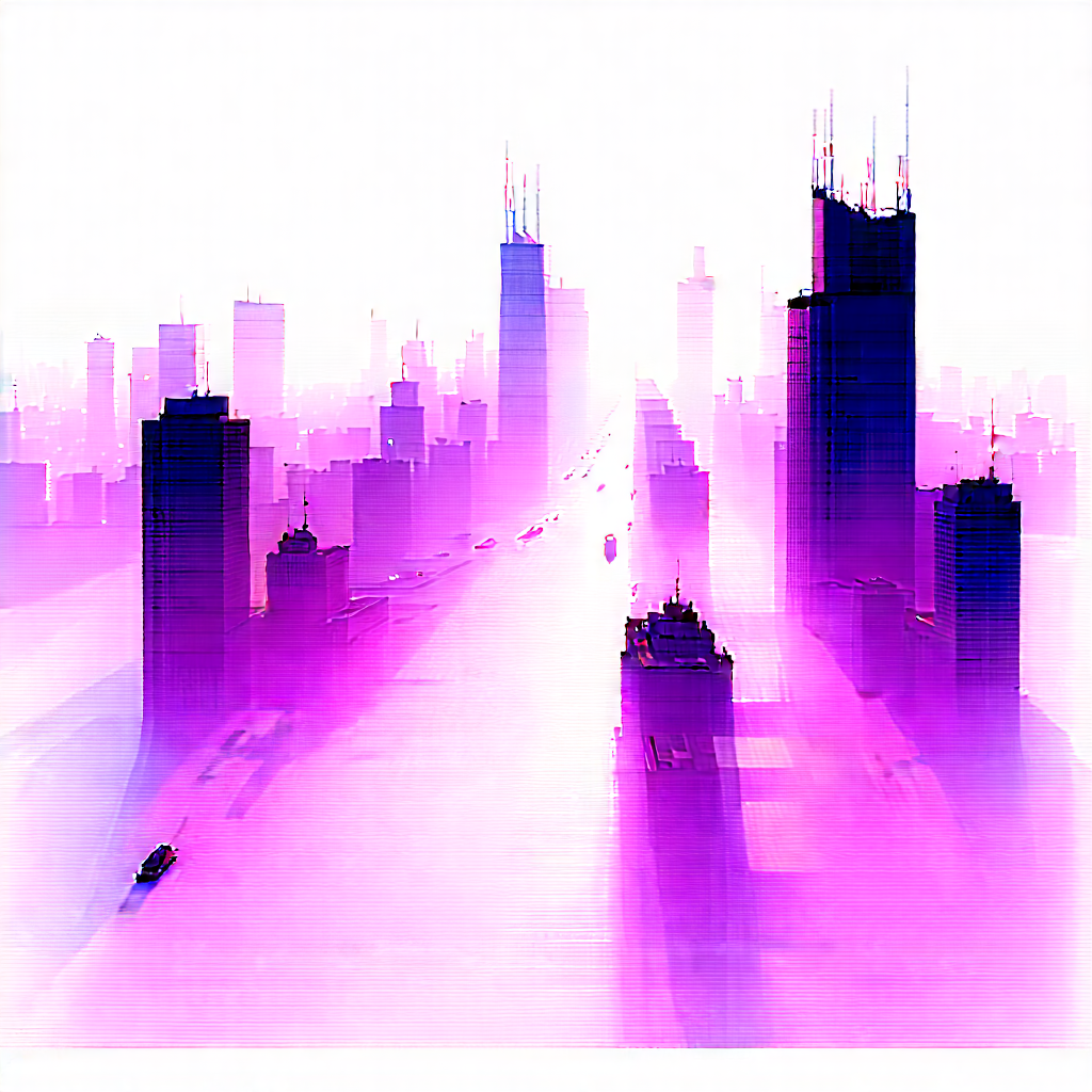 Urban Pencil Sketch: Cityscape Of Modern Metropolis During Foggy Morning With Purple Pink