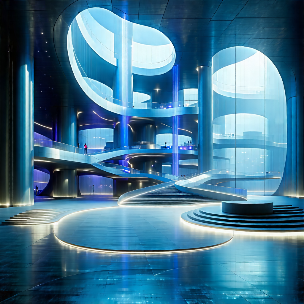 Tech Long Exposure Photography: Futuristic Innovation Hub With Black White