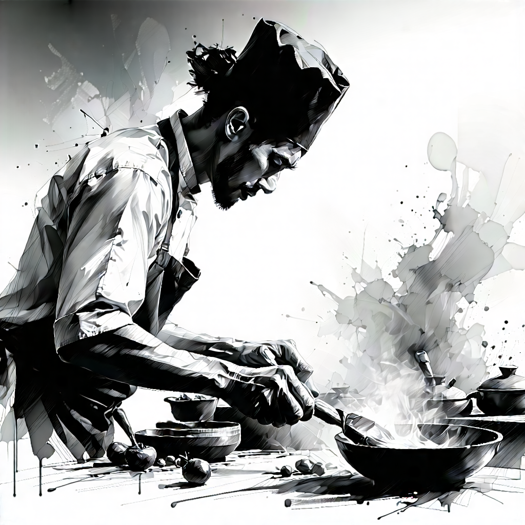 Lifestyle Charcoal Drawing: Professional Enjoying Cooking With Chef Standing
