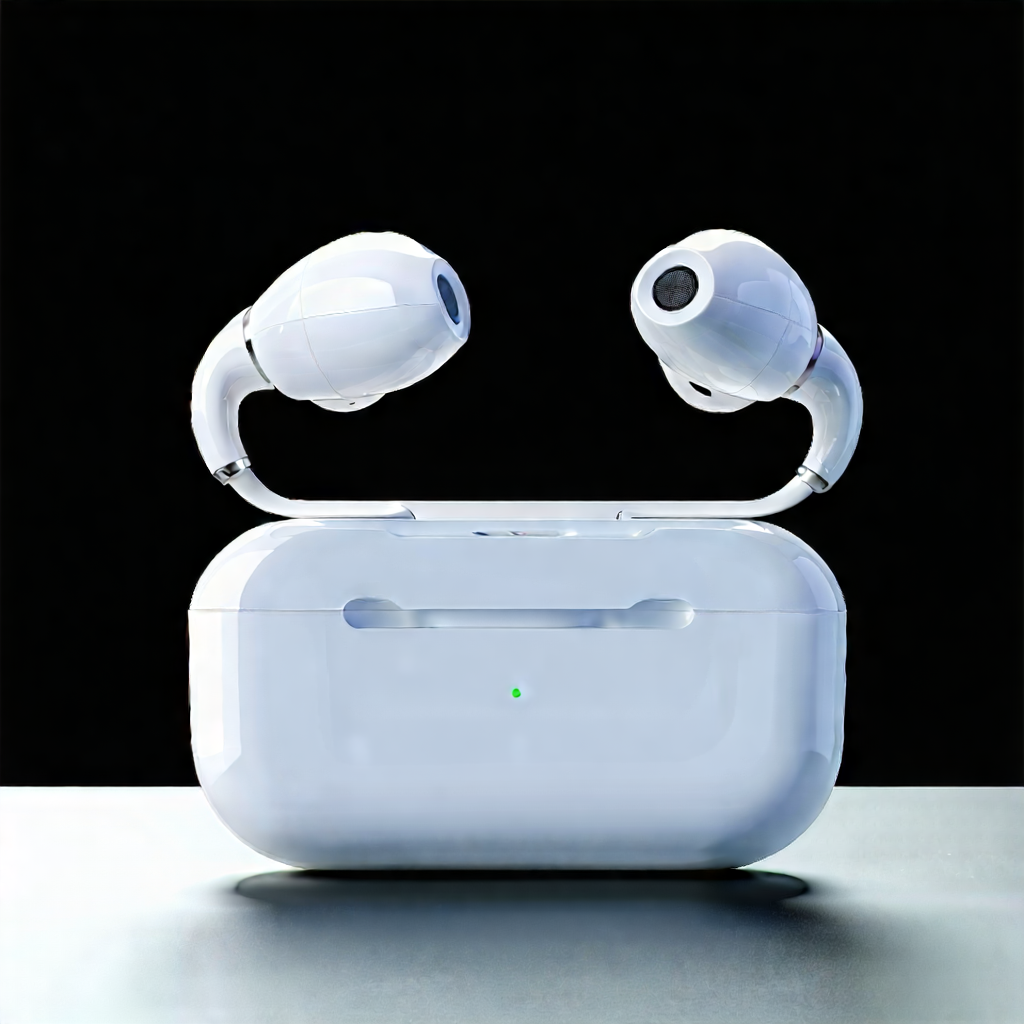 Tech Matte Painting: Wireless Earbuds With Streaming Content With White Earbud