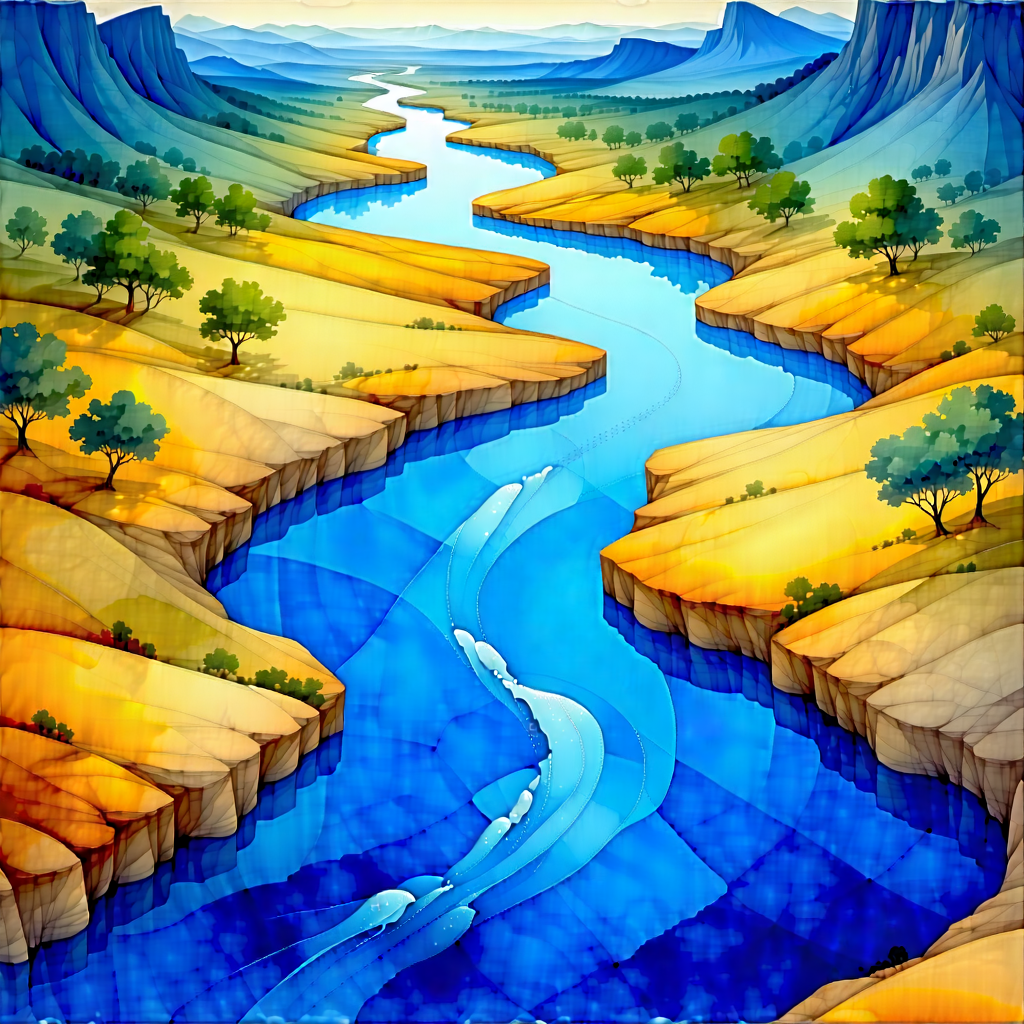 Nature Watercolor Painting: Aerial view of winding river
