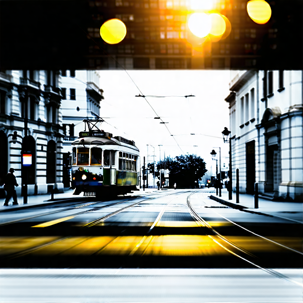 Urban Etching: City tram in quiet side street