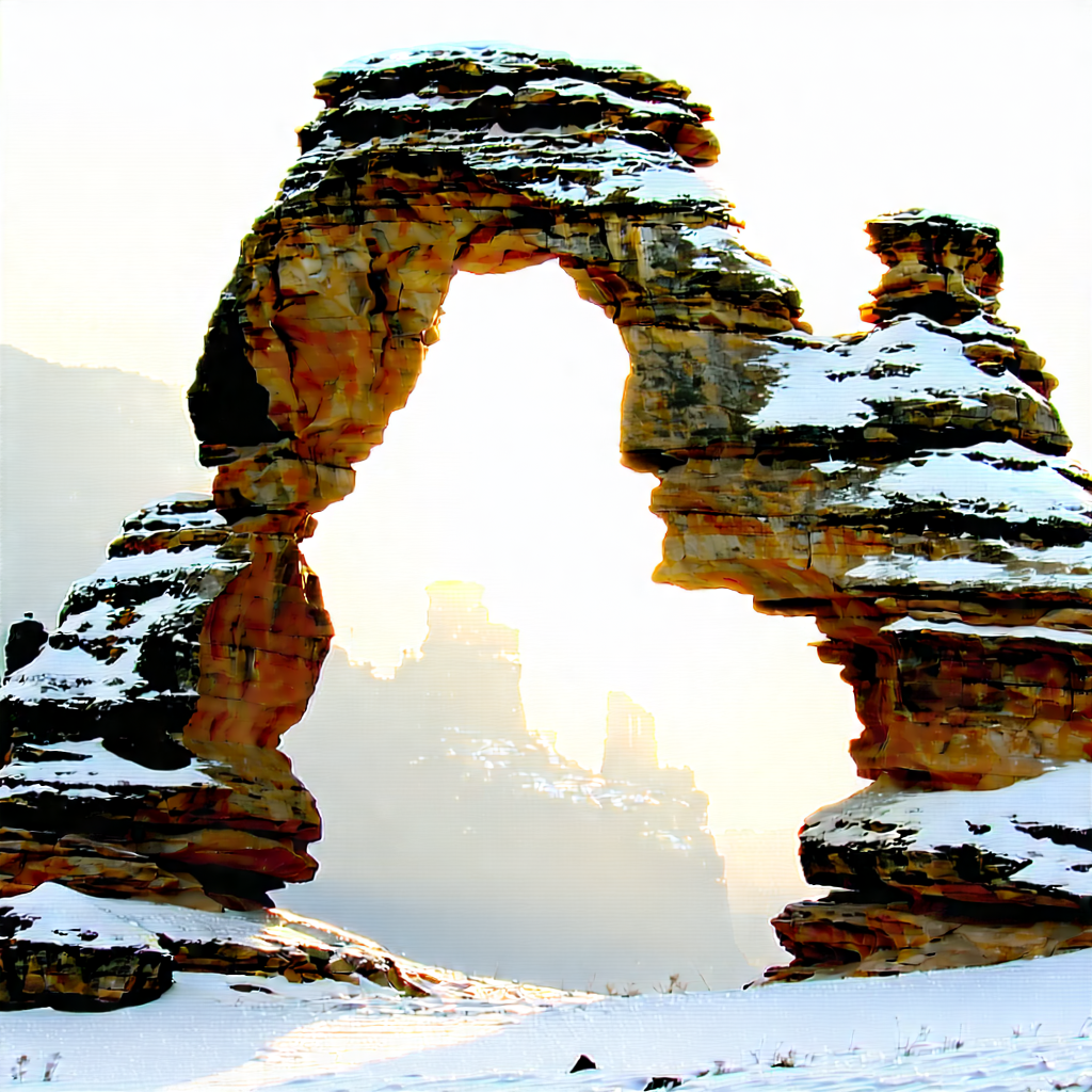 Nature Drone Photography: Natural Arch In Winter Snow With Large Rock