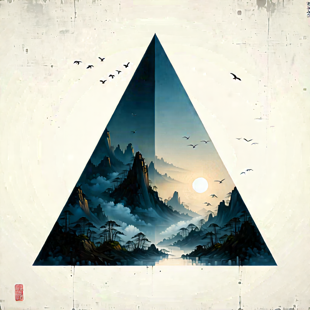 Abstract Sumi-e Painting: Triangular Composition With Diffuse Lighting With Image, There