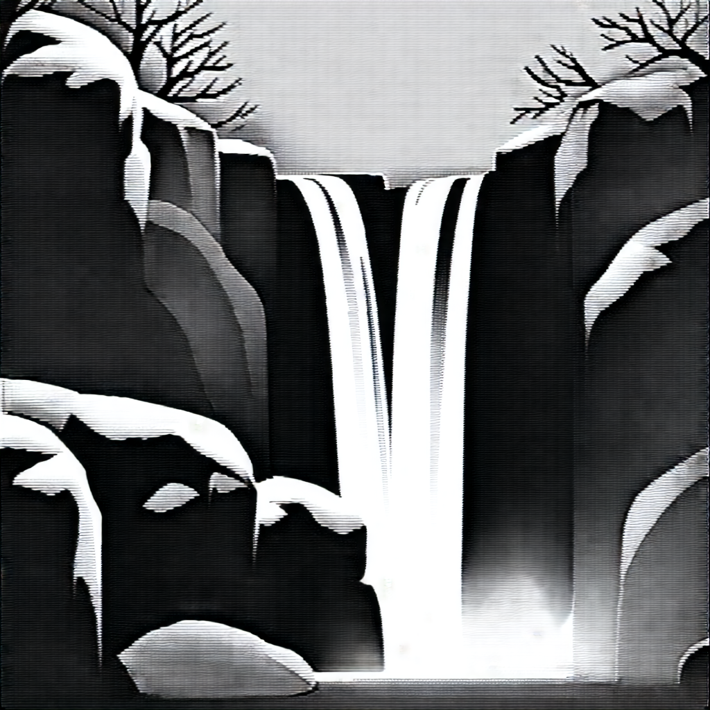 Nature Charcoal Drawing: Waterfall In Winter Snow With Black White