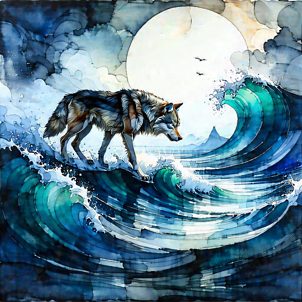 Nature Ink Drawing: Wolf In (ocean:1.11) Waters With Wolf Standing