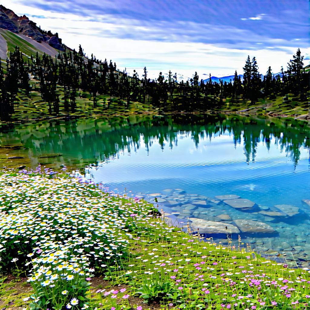 Nature Hdr Photography: Crystal Clear (lake:1.38) Surrounded By Wildflowers With Serene Lake