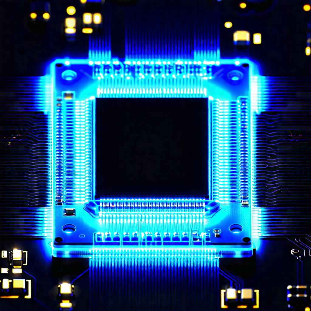 Tech Professional Photography: Microchip with blue light (glow:1.19)