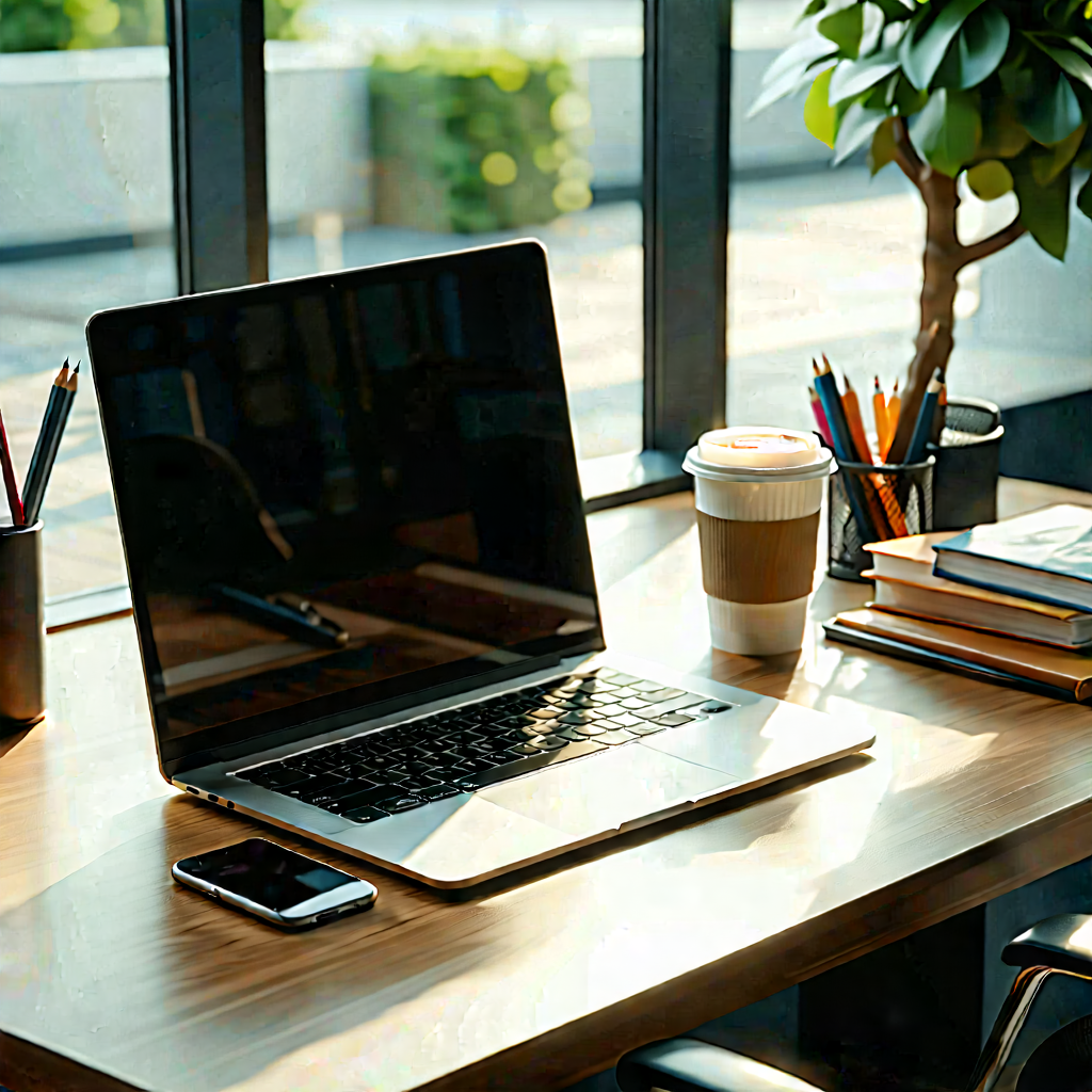 Business 3d Render: Workplace With Laptop And Coffee On Desk With Wooden Desk