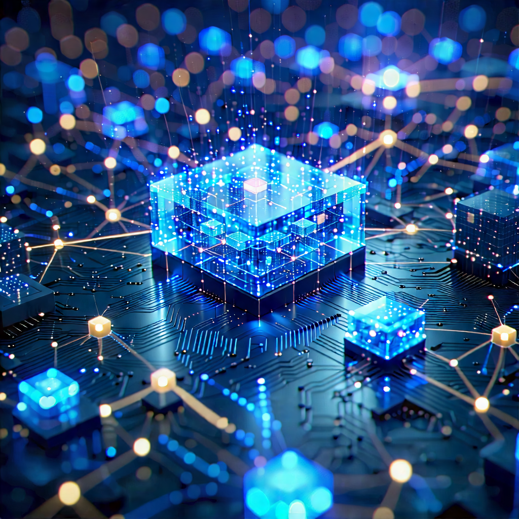 Tech 3d Render: Blockchain Network Visualization With Close-up Blue,