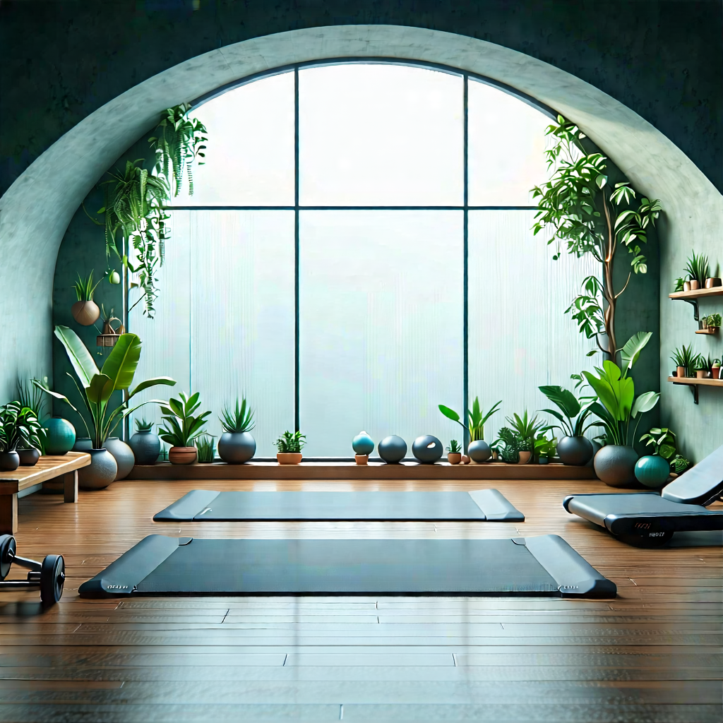 Lifestyle Aerial Photography: Wellness Scene With Fitness Equipment With Large, Open