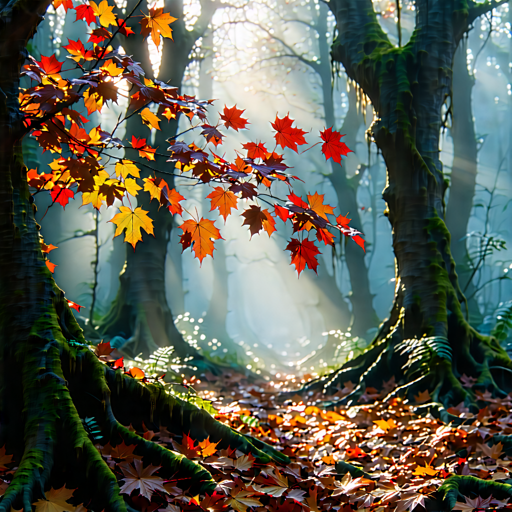 Nature Concept Art: Autumn leaves in misty environment