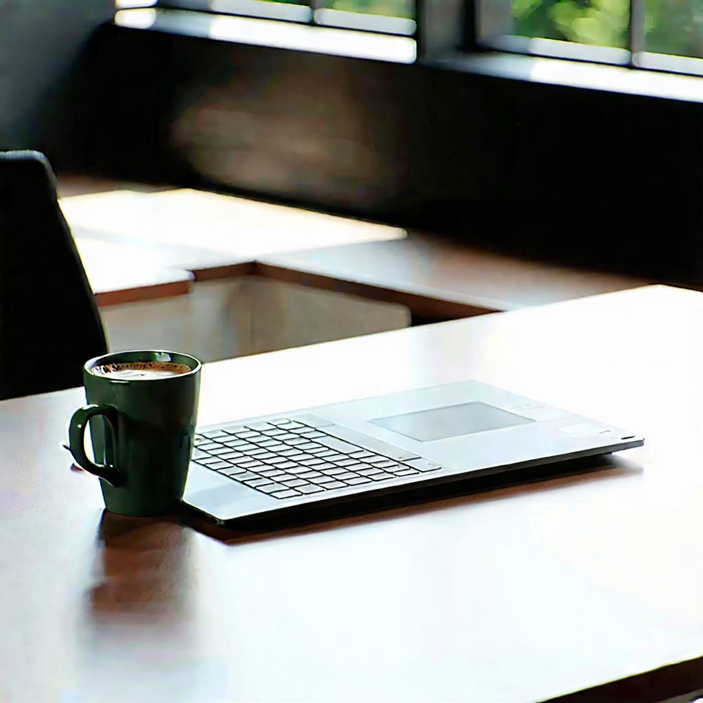 Business Octane Render: Workplace With Laptop And Coffee On Desk With Wooden Dining