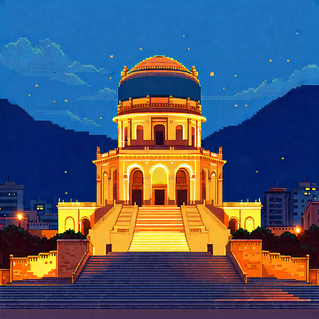 Urban Flat Design: Historic Monument With City Lights With Blue Yellow