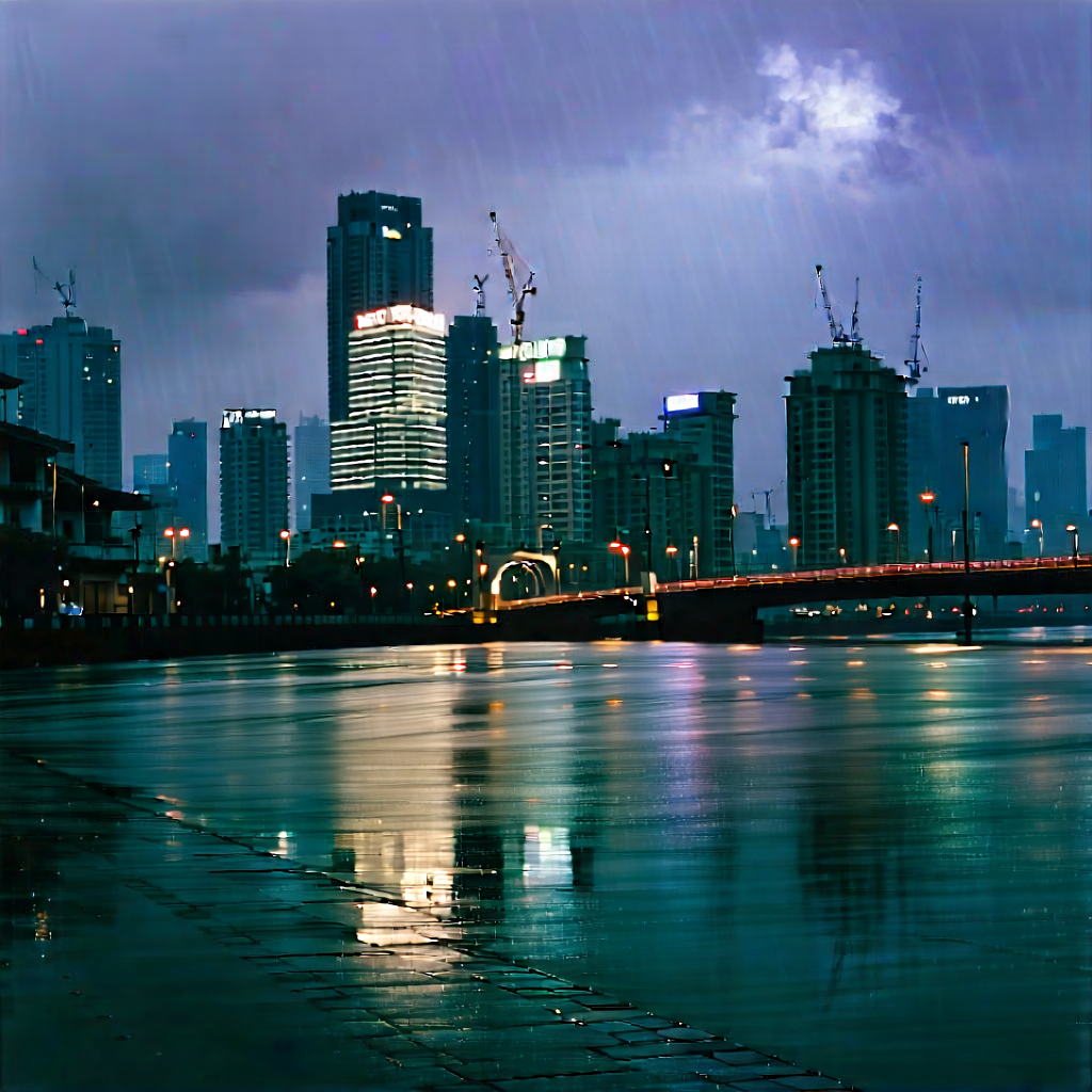 Urban Professional Photography: Cityscape of modern metropolis during rainy evening