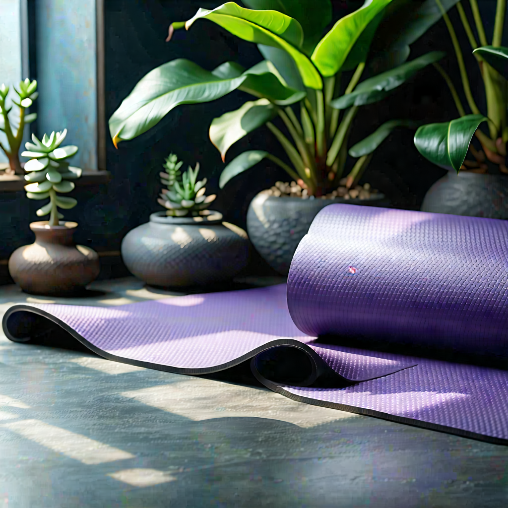 Lifestyle Macro Photography: Wellness Scene With Yoga Mat And Plants With Purple Yoga