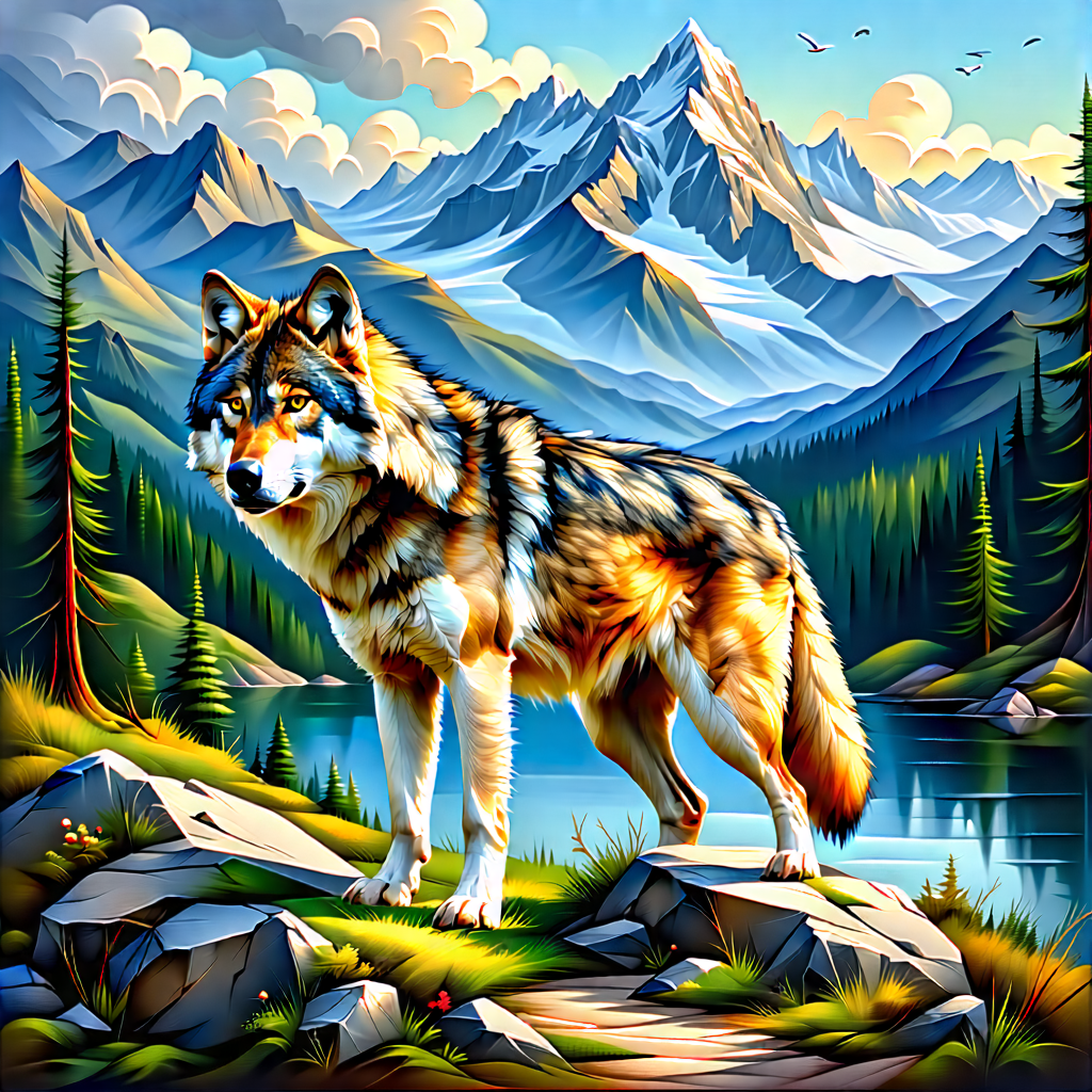 Nature Acrylic Painting: Wolf In Mountain Terrain With Large Wolf