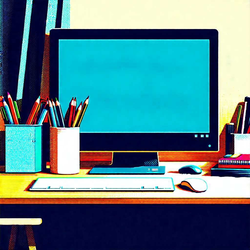 Business Linocut Print: Workplace With Modern Office Supplies On Desk With Computer Monitor