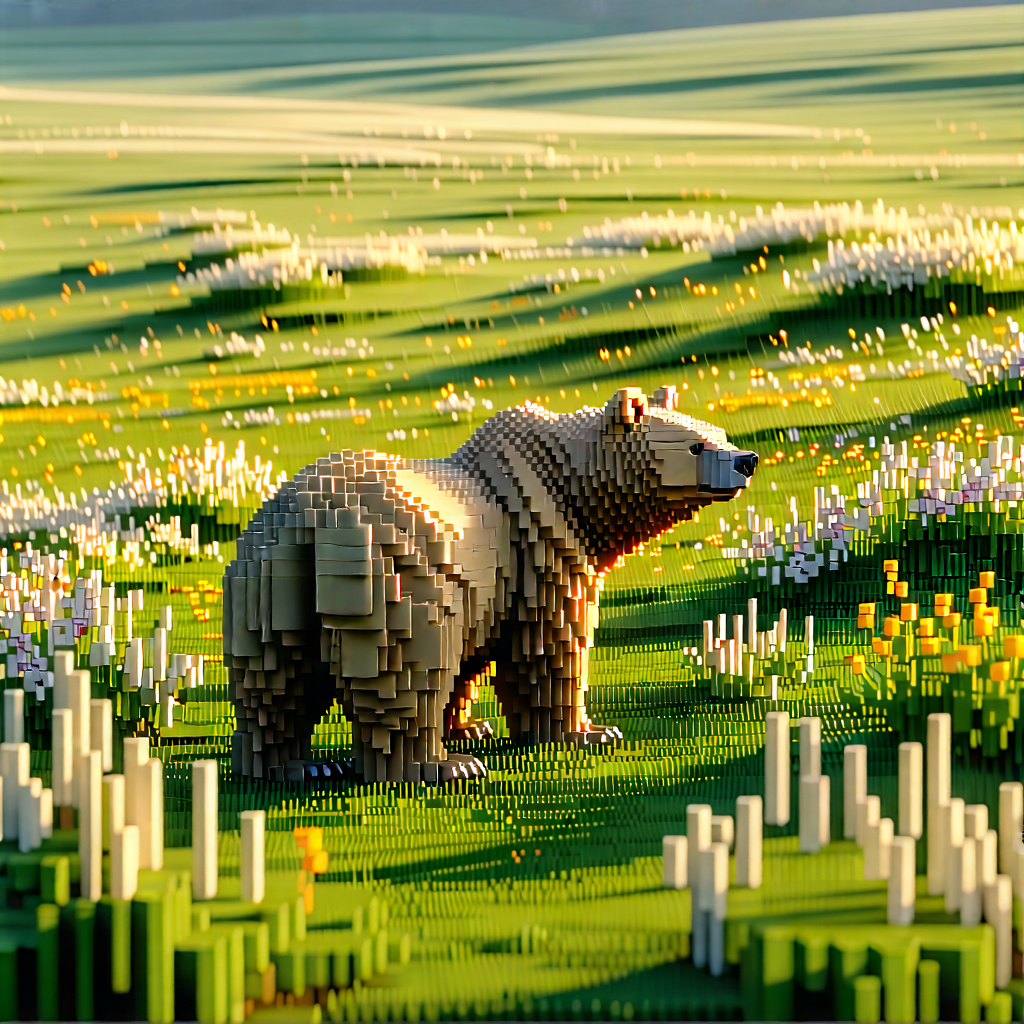 Nature Voxel Art: Bear In Prairie Grassland With Digital Artwork