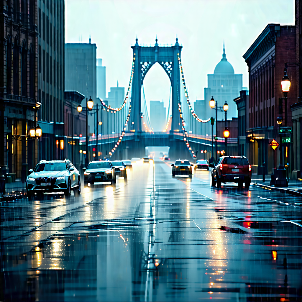 Urban Etching: Iconic Bridge With Rain-slicked Streets With Busy City