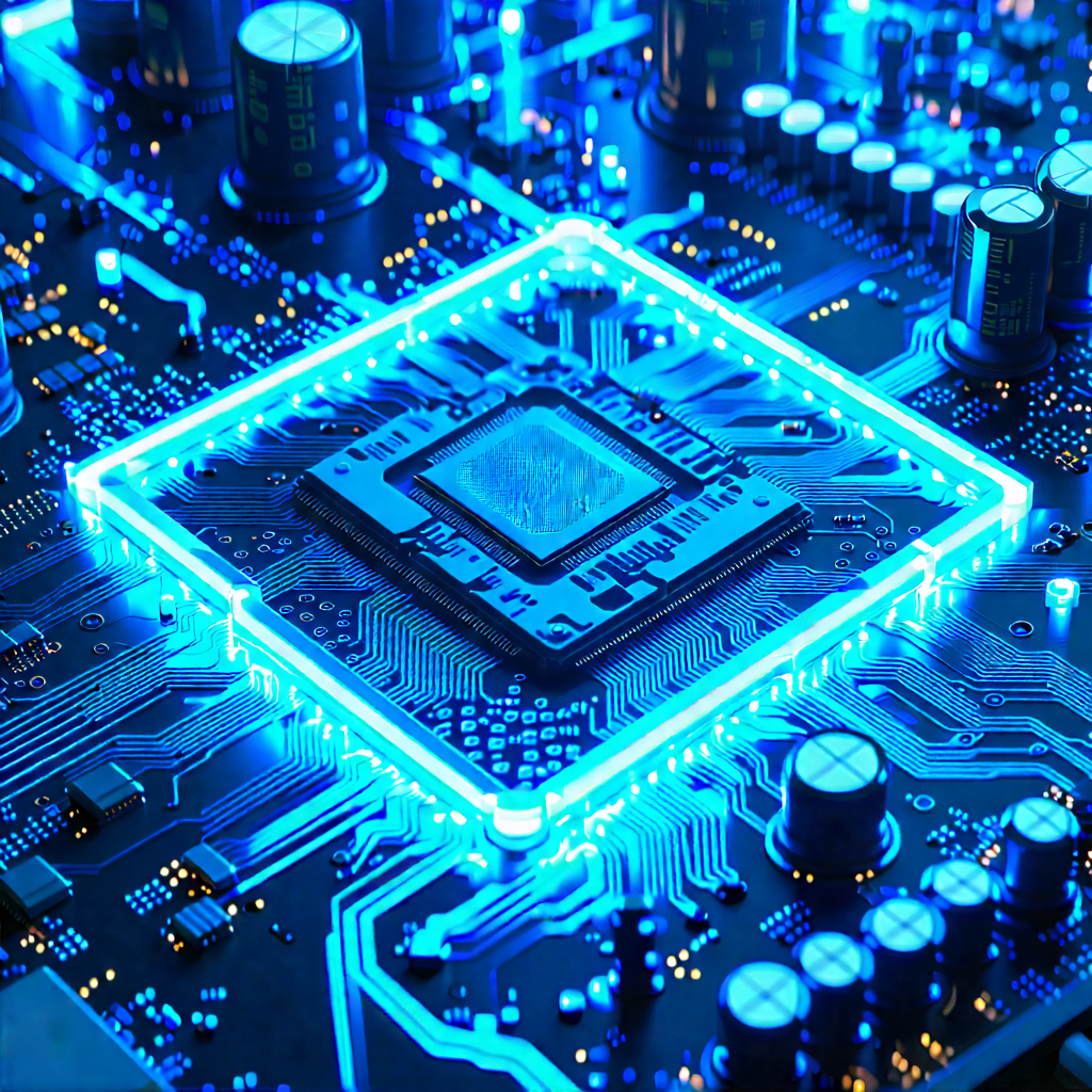 Tech Aerial Photography: Circuit board with blue light glow